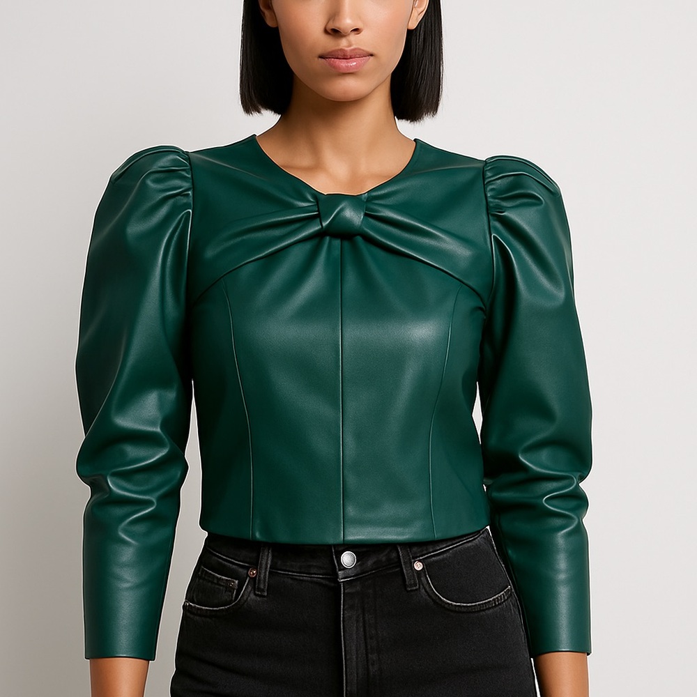 ZARA Emerald Green Faux Leather Knot-Front‎ Puff Sleeve Top – Size M